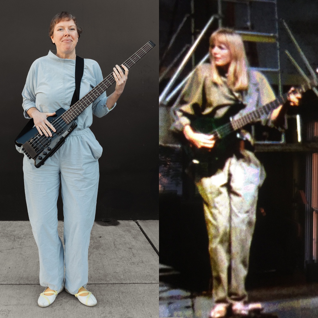 side-by-side images of Lee dressed in a blue-grey pants and top outfit, holding an 80s bass guitar, and Tina Weymouth from the Stop Making Sense documentary wearing her awesome grey jumpsuit