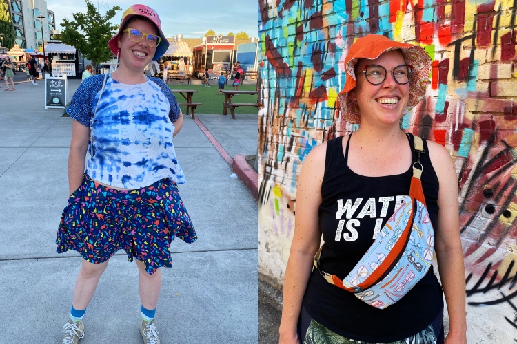 2 photos of Lee: on the left wearing a bucket hat, a white and blue tee, and shorts that look like a skirt with a colorful print; on the right wearing an orange bucket hat, a black tank top, and a belt bag cross-body with illustrations of glasses and pencils on it