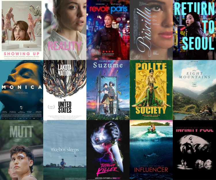 grid of 15 movie posters: showing up, reality, revoir paris, priscilla, return to seoul, monica, lakota nation vs the united states, suzume, polite society, the eight mountains, mutt, riceboy sleeps, totally killer, influencer, infinity pool