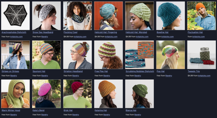 grid of 19 knit accessory patterns, mostly hats