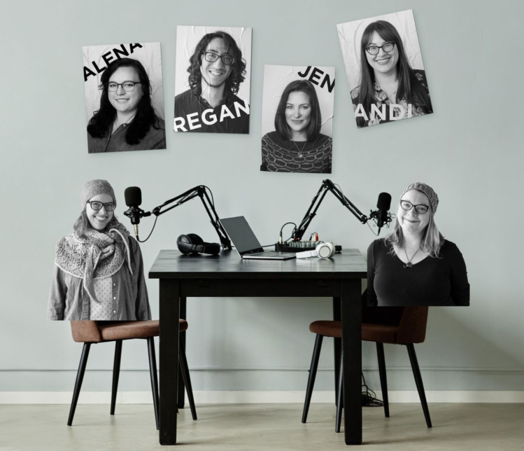 silly photoshopped image of me and Stacey sitting in chairs at a desk but cropped off mid-body, and photos of Alena, Regan, Jen, and Andi on the wall