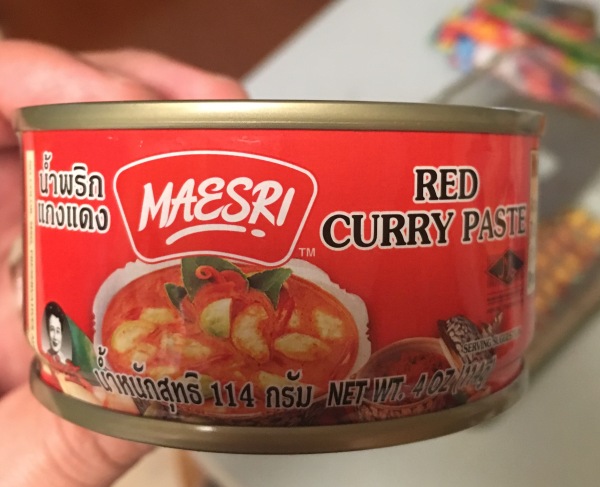 red curry paste can, brand name Maesri