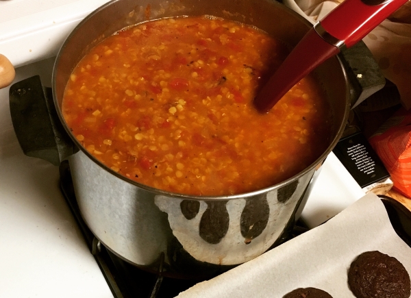 a big pot full of red lentil soup