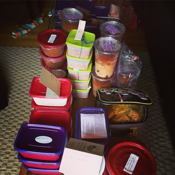 photo of a bunch of containers of frozen soup, all with labels or recipes on top